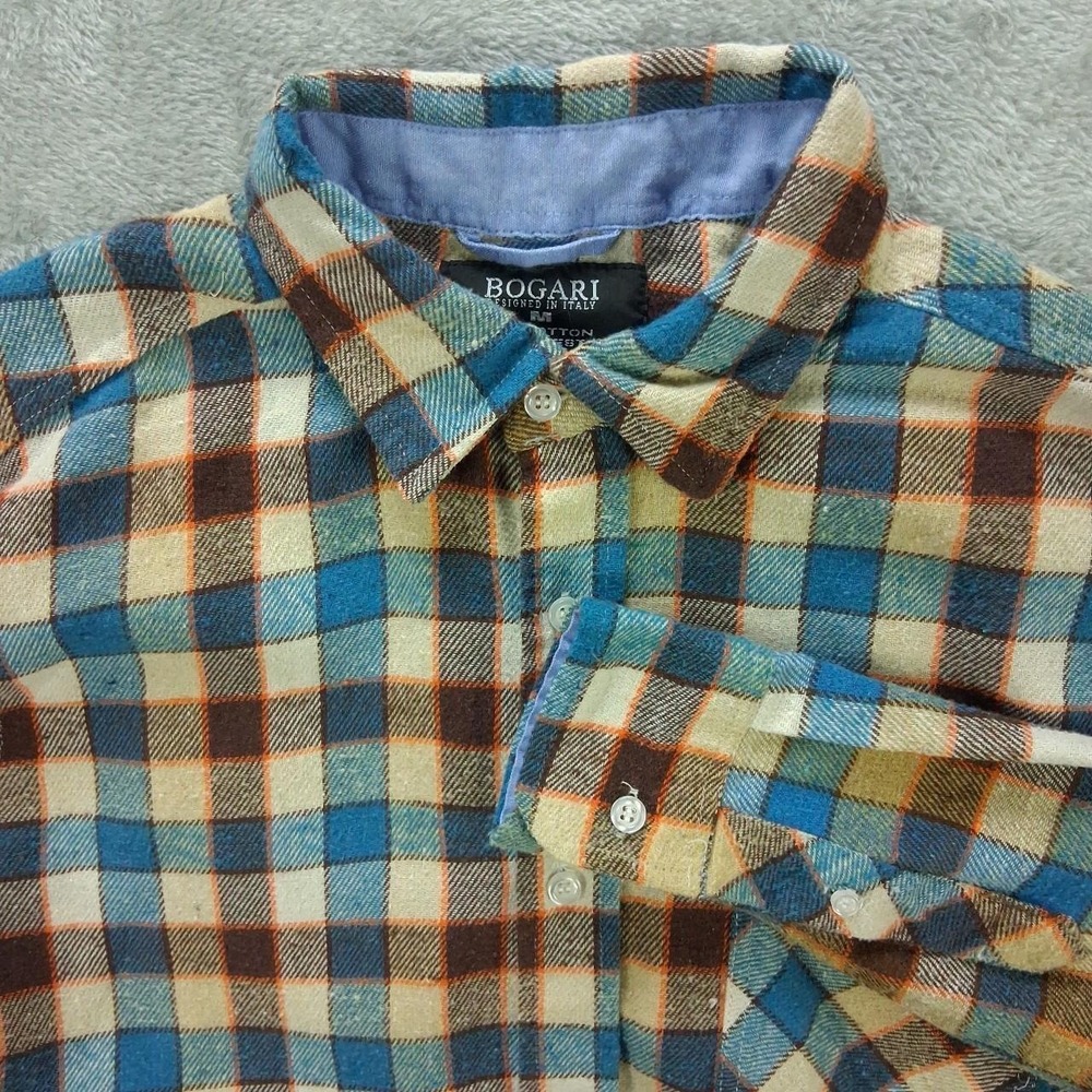 Bogari Mens Vintage Plaid Flannel Button Up Shirt Blue Brown Size M RN125272